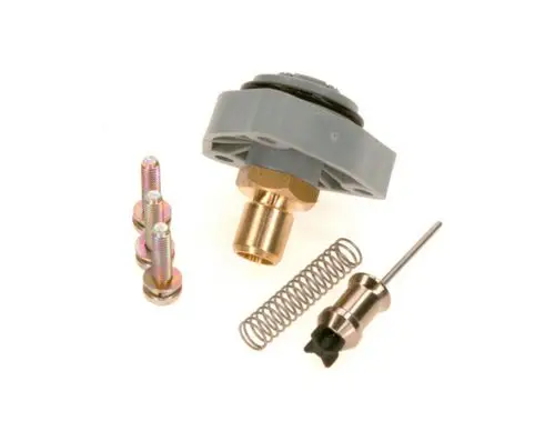 Bosch-Wassermengenregler mit verschiedenen Komponenten, darunter eine Metallschraube, eine Feder, ein Ventil und mehrere Befestigungsschrauben.